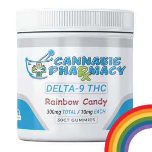 Front of Rainbow Candy 10mg THC Gummy package with vibrant rainbow candy design