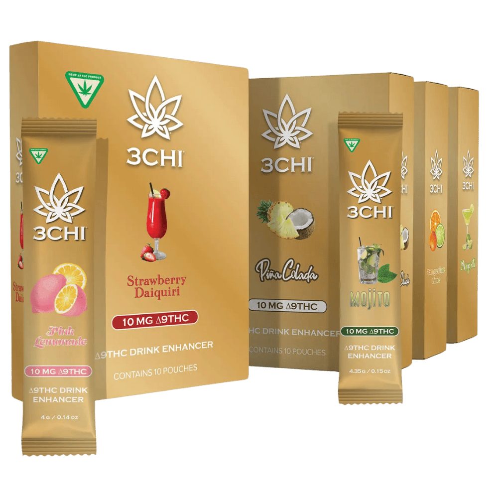 Front of 3CHI Strawberry Daiquiri THC Drink Enhancer package featuring sleek design and vibrant strawberry daiquiri-inspired artwork