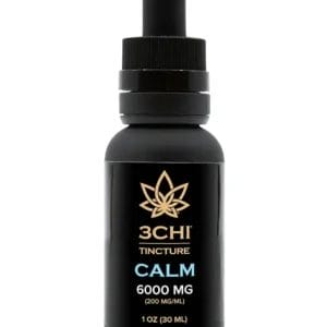 Front of 3CHI Calming CBD Tincture bottle featuring a sleek design and soothing, stress-relief-focused labeling