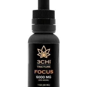 Front of 3CHI Focus CBD Tincture bottle featuring a sleek design and concentration-oriented labeling