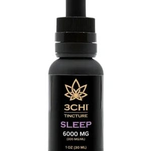 Front of 3CHI Sleep CBD Tincture bottle featuring a sleek design and restful, nighttime-oriented labeling