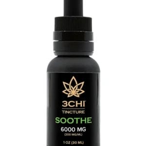 Front of 3CHI Soothing CBD Tincture bottle featuring a sleek design and calming, wellness-oriented labeling