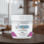 A jar of 40ct Oreoz THC Gummies sitting on a coffee table, showcasing delicious cannabis-infused treats.