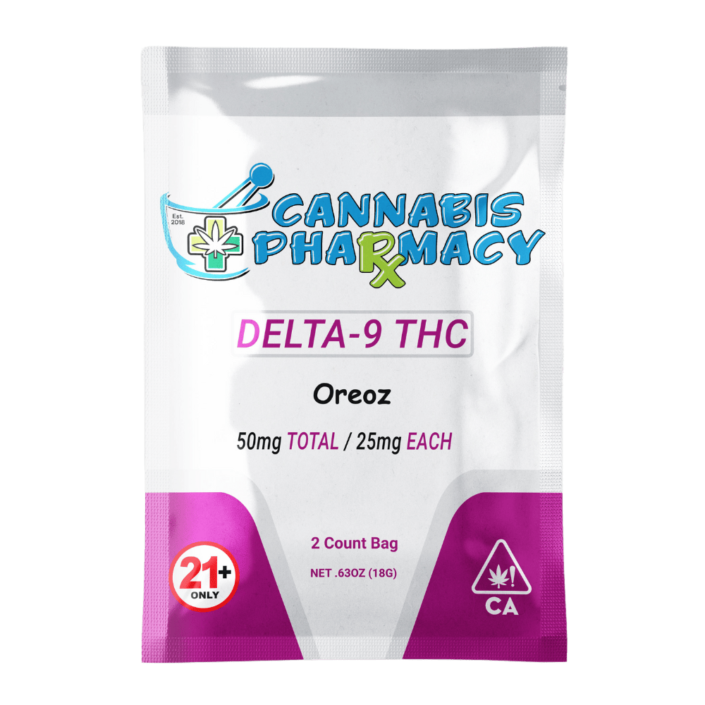 Front of Oreoz Sample THC Gummies package featuring sleek design and cookies-and-cream-inspired artwork
