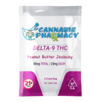 Front of Peanut Butter Jealousy Sample THC Gummies package featuring sleek design and rich peanut butter-inspired artwork