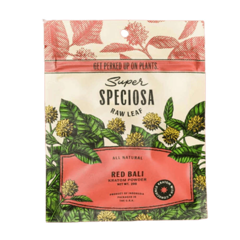 Front of 20g Red Bali Kratom Powder package featuring sleek design and deep red-inspired artwork
