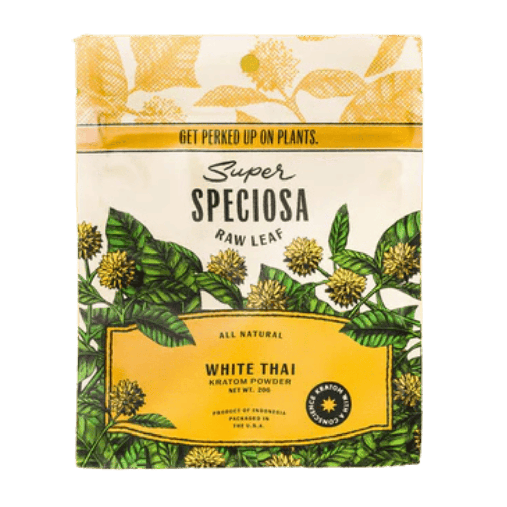 Front of 20g White Thai Kratom Powder package featuring sleek design and clean, white-inspired artwork
