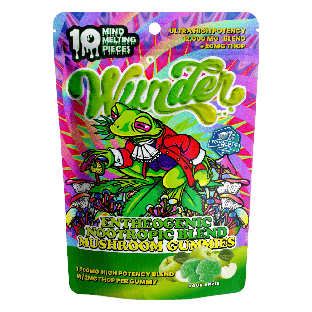 Front of Sour Apple Mushroom Gummies with THCp package featuring vibrant sour apple-inspired artwork with sleek, modern design