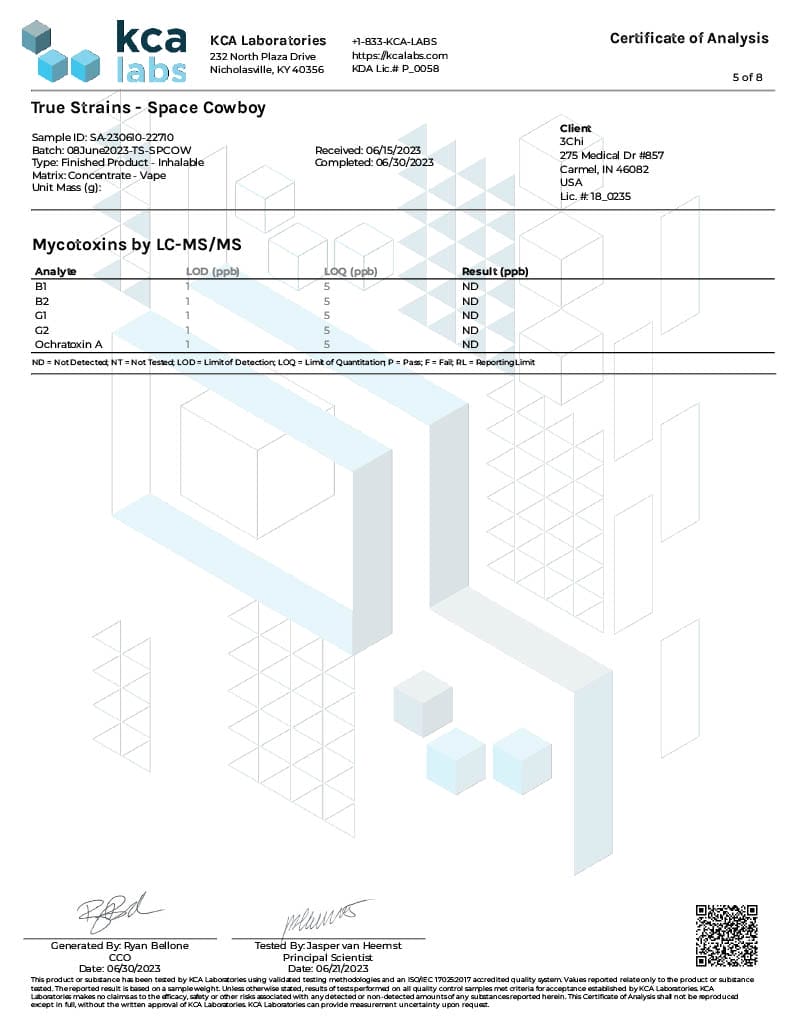Lab Test Report - Page 1 for True Strains Space Cowboy THC Vape - Full Ingredient Breakdown