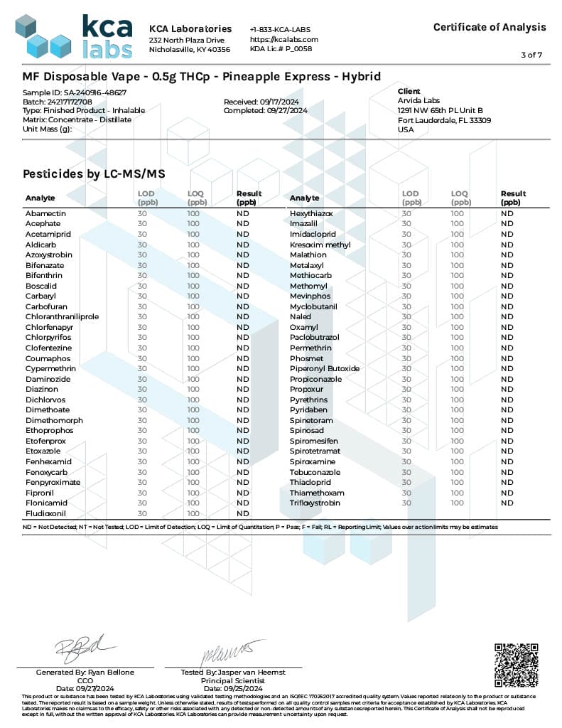 Lab Test Report - Page 4 for Pineapple Express THCP Vape - Contaminant Screening