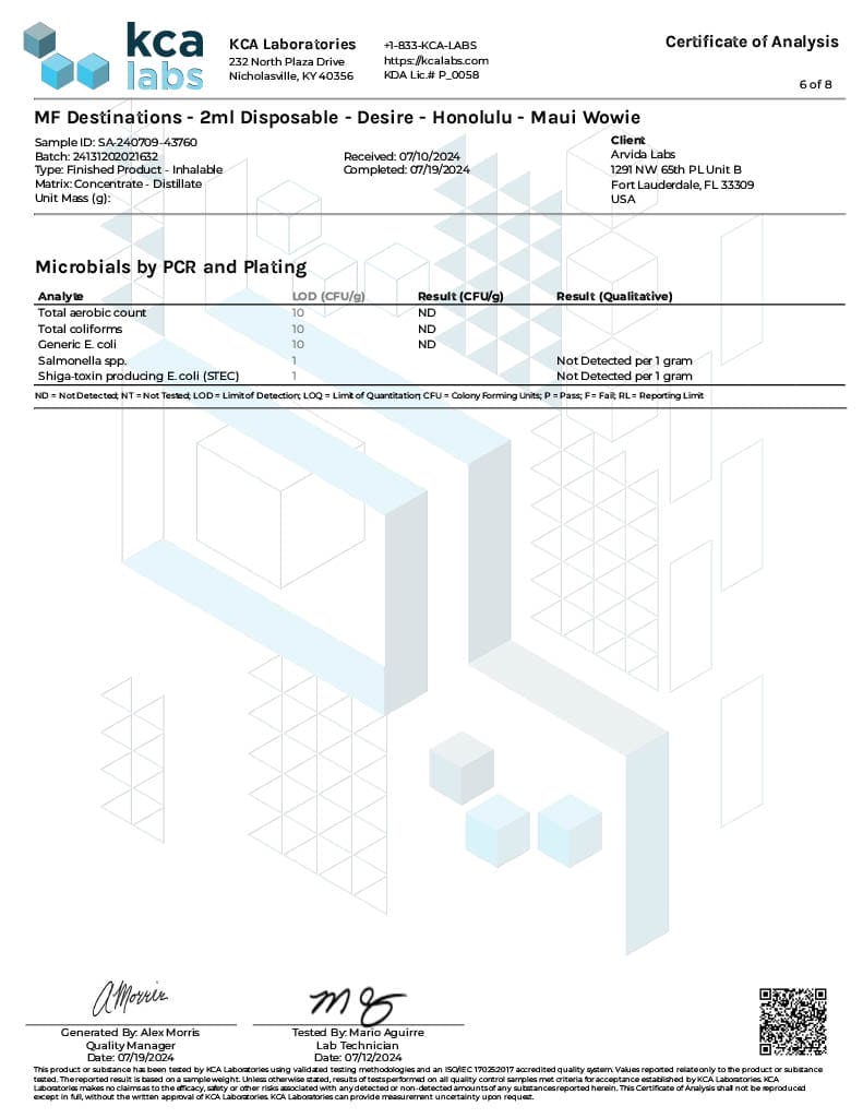Lab Test Report - Page 2 for Maui Wowie Terp Sauce THC Vape - Potency Analysis