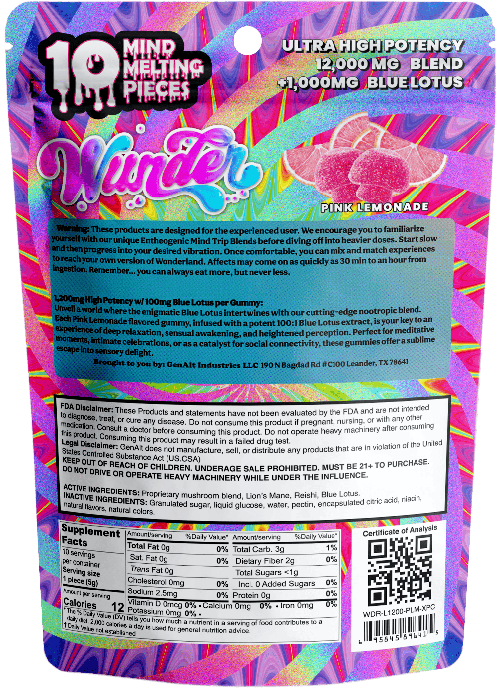 Back of Pink Lemonade Mushroom Gummies with Blue Lotus package displaying ingredient list, dosage information, and nutritional details