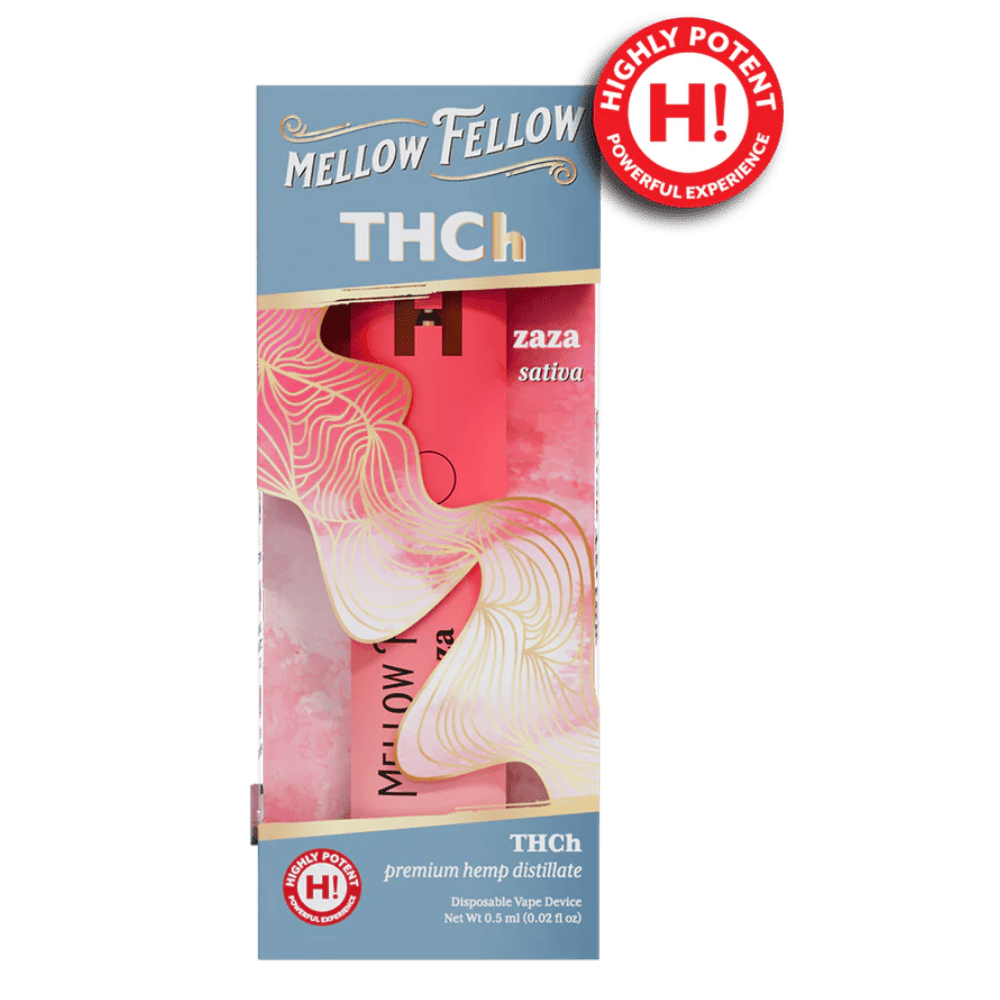 Front of Mellow Fellow Zaza THCH Vape package featuring sleek, modern design with bold, strain-inspired artwork