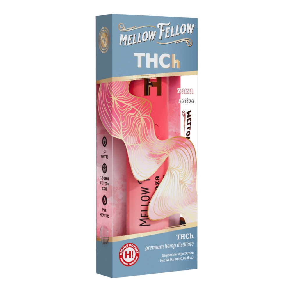 Left side of Mellow Fellow Zaza THCH Vape showing product details, strain information, and branding