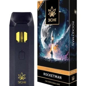 Front of True Strains Rocket Man THC Vape package featuring sleek, modern design with cosmic, space-inspired artwork
