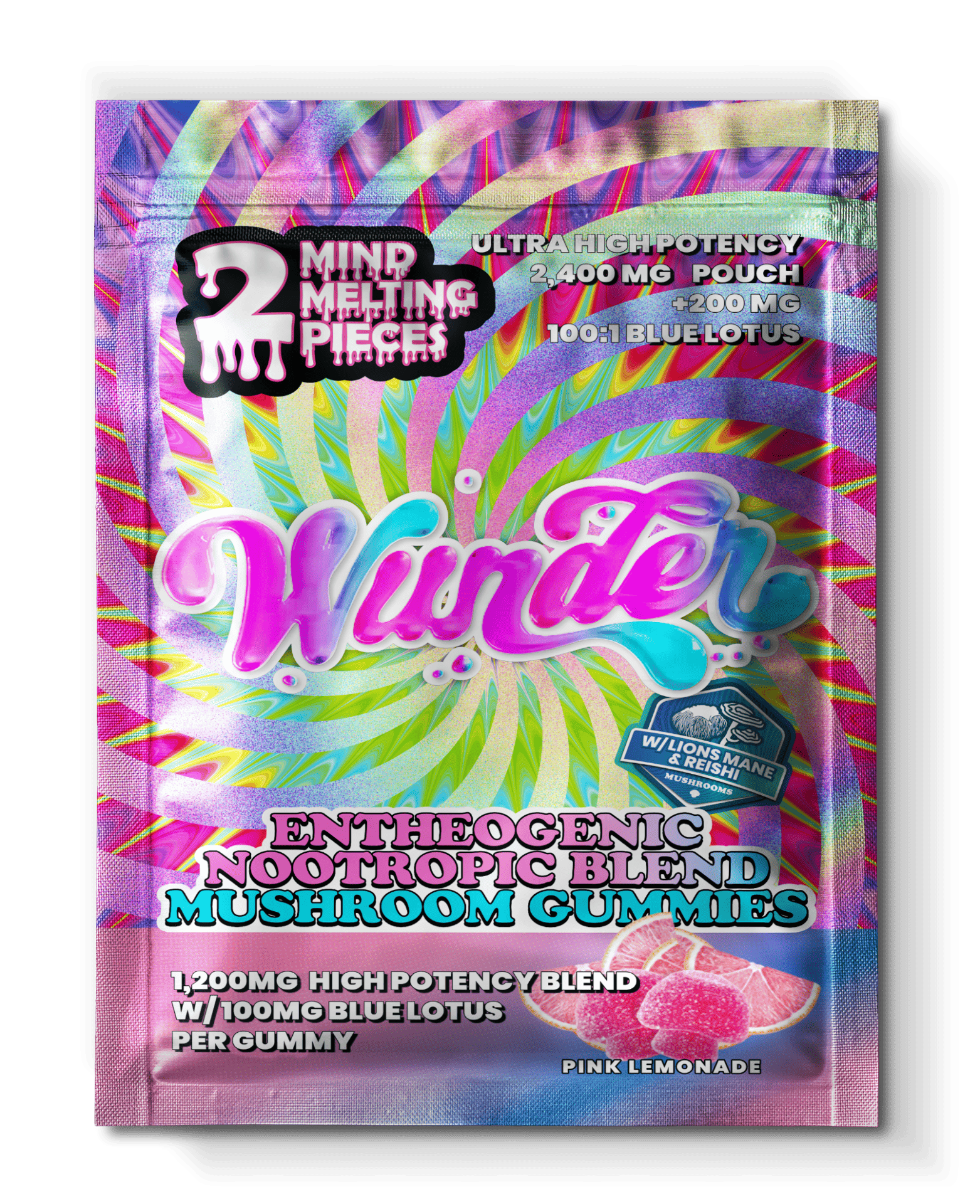 Front of 2ct Pink Lemonade Mushroom Gummies with Blue Lotus package featuring vibrant pink lemonade-inspired artwork with sleek, modern design