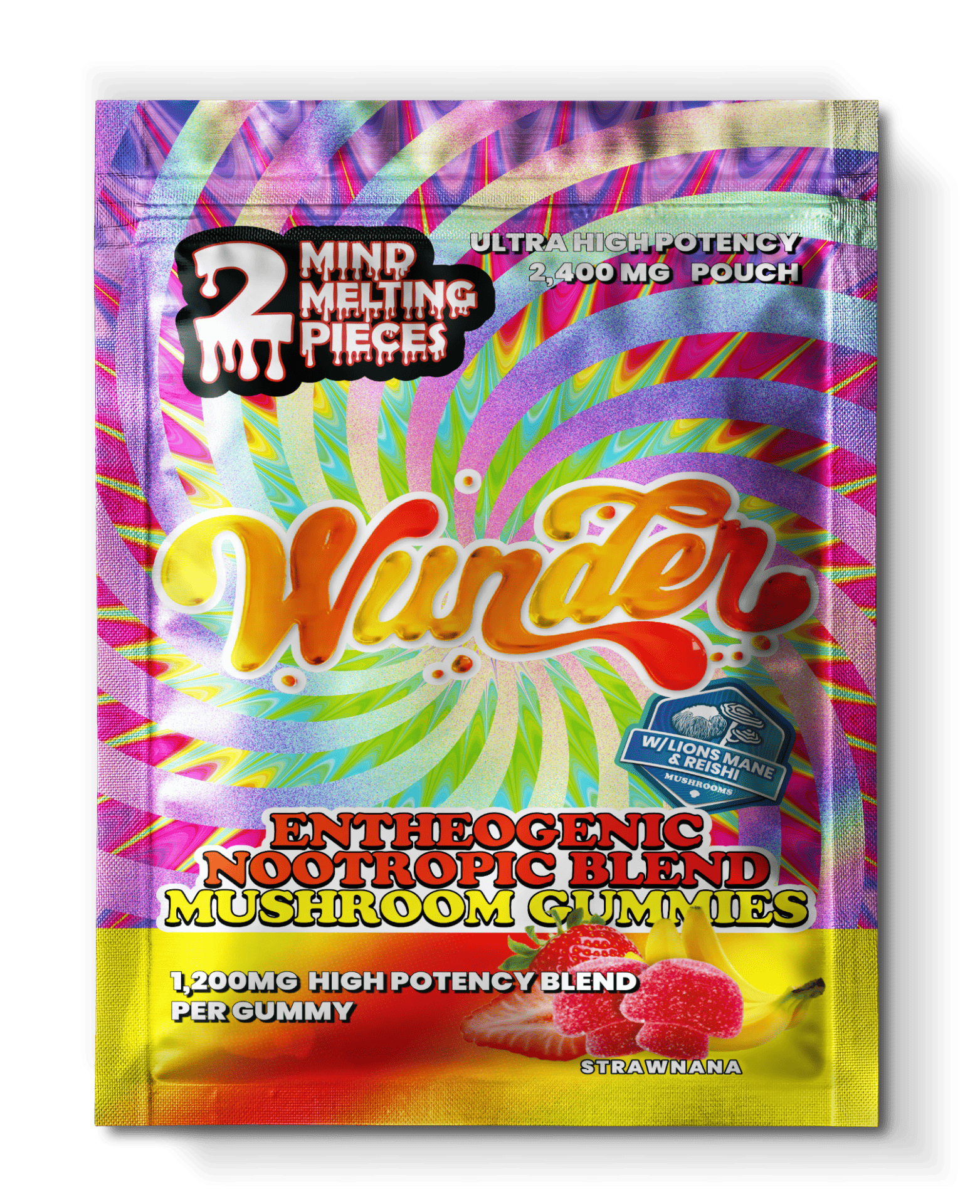 Front of 2ct High Potency Strawnana Mushroom Gummies package featuring vibrant strawberry and banana-inspired artwork with sleek, modern design
