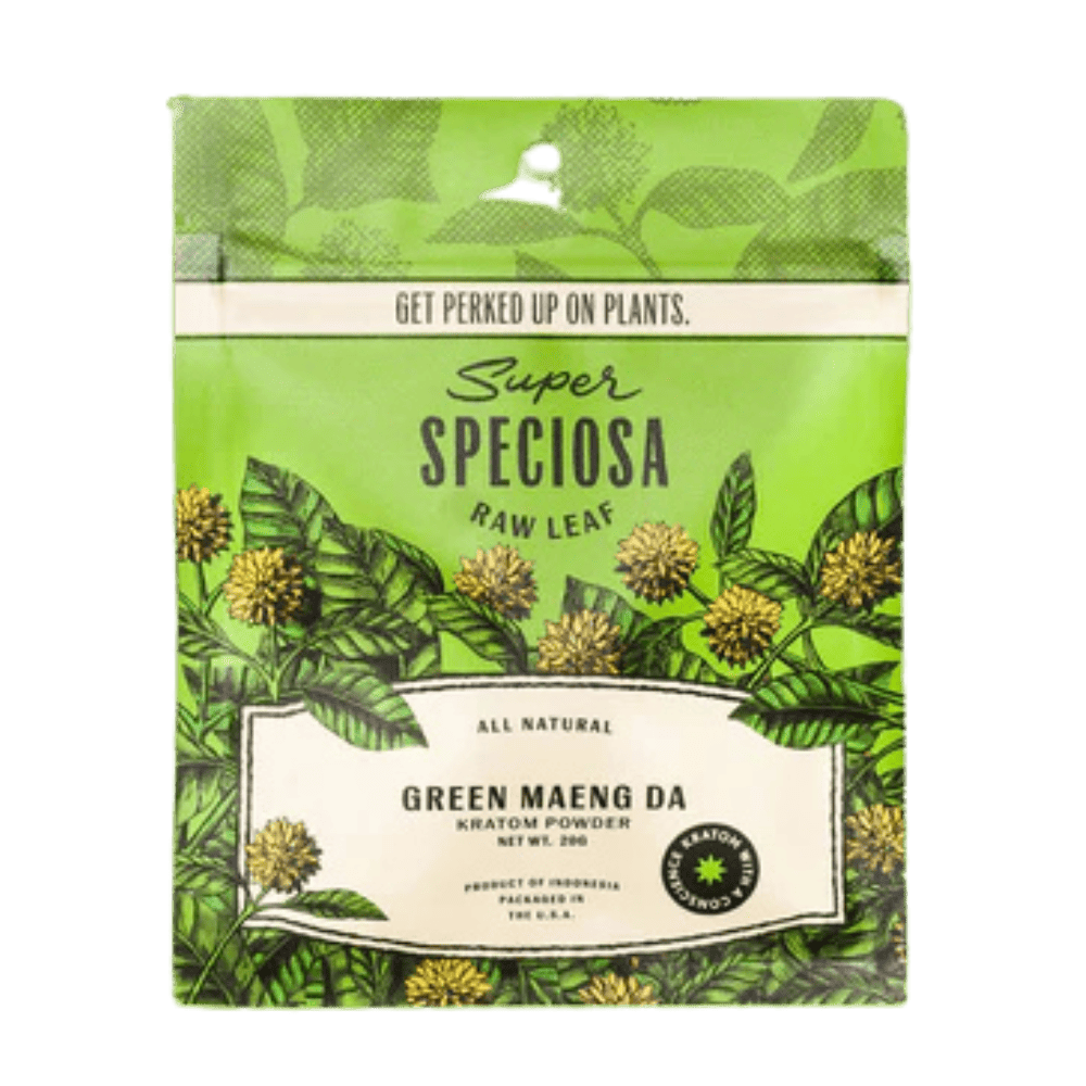 Front of 20g Green Maeng Da Kratom Powder package featuring sleek design and vibrant green-inspired artwork