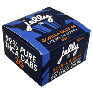 Front of Gorilla Glue 2g THCA Dabs package featuring sleek, modern design with strain-inspired artwork