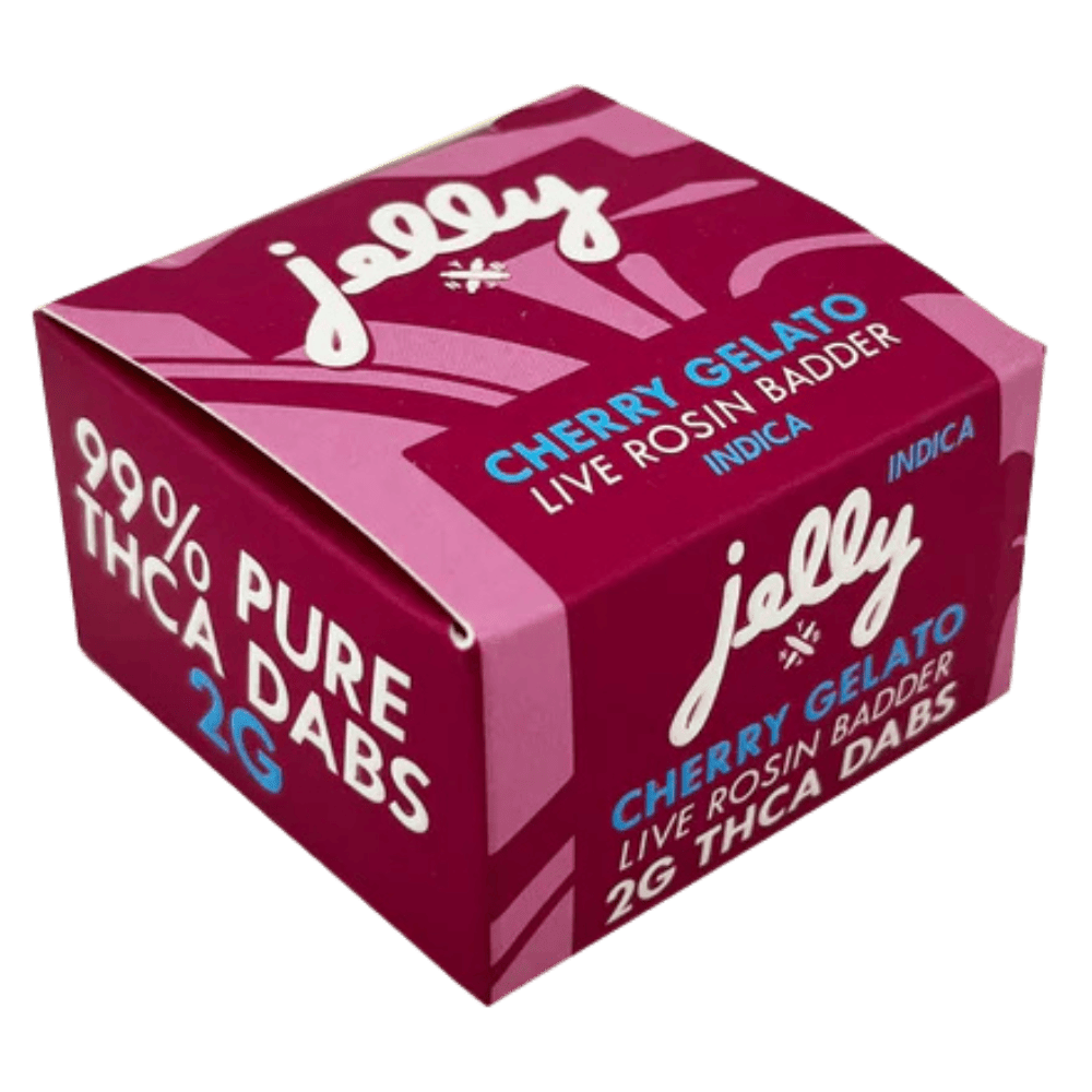 Front of Cherry Gelato 2g THCA Dabs package featuring sleek, modern design with strain-inspired artwork