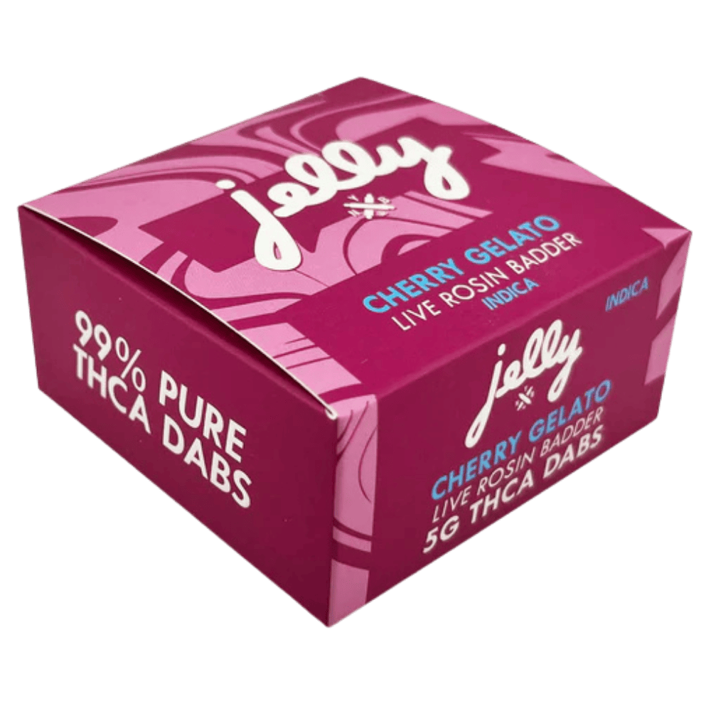 Front of Cherry Gelato THCA Dabs package featuring sleek, modern design with strain-inspired artwork