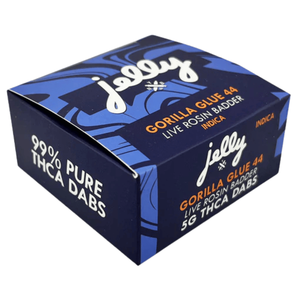 Front of Gorilla Glue 44 THCA Dabs package featuring sleek, modern design with strain-inspired artwork