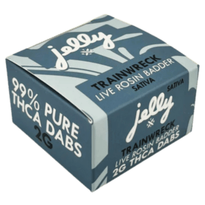 Front of Jelly Trainwreck 2g THCA Dabs package featuring sleek, modern design with strain-inspired artwork