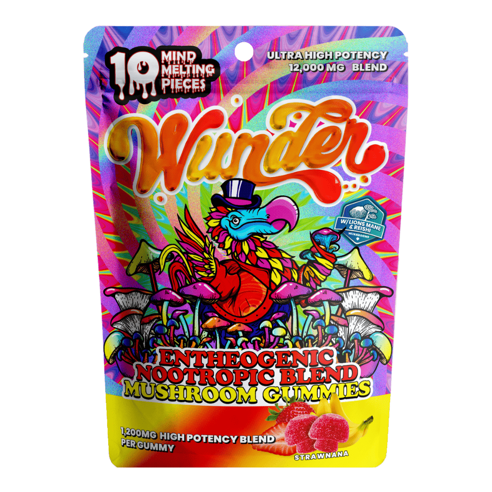 Front of High Potency Strawnana Mushroom Gummies package featuring vibrant strawberry and banana-inspired artwork with sleek, modern design
