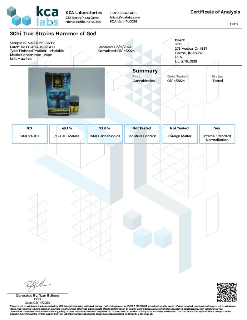 Lab Test Report - Page 5 for True Strains Hammer of God THC Vape - Heavy Metals Test