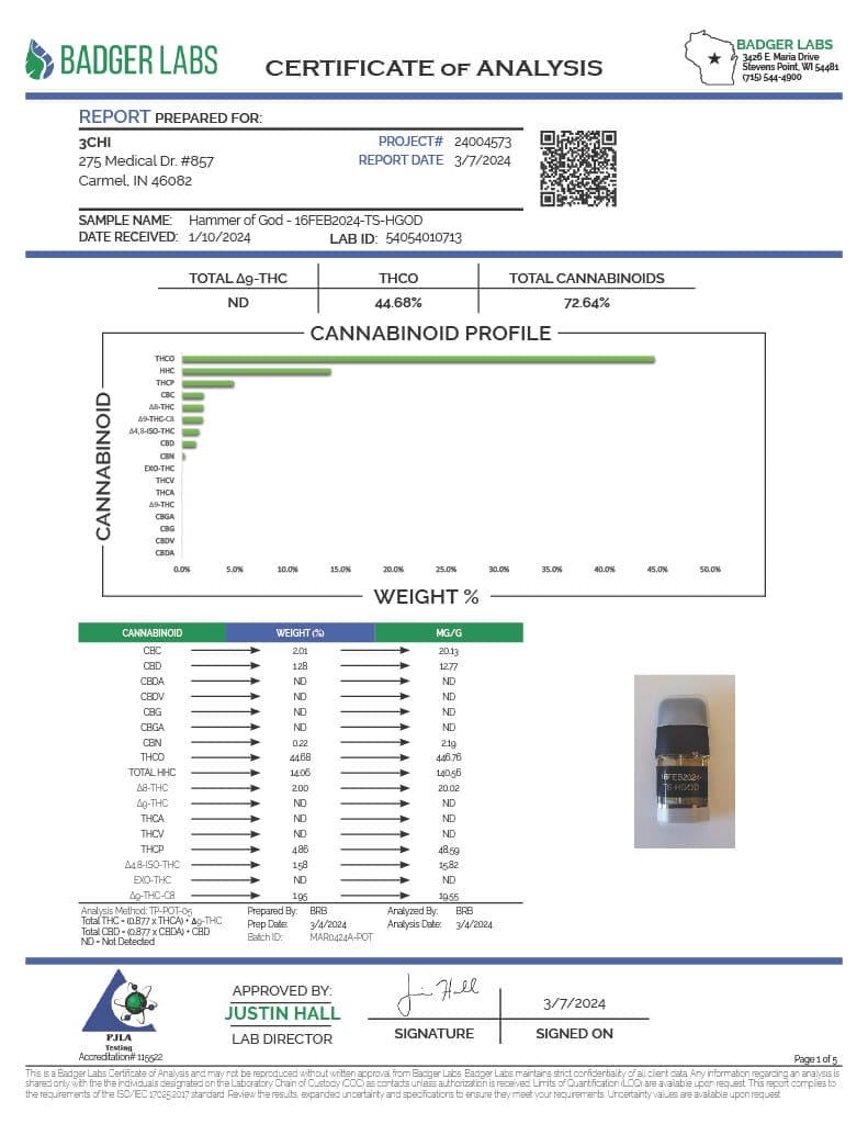 Lab Test Report - Page 7 for True Strains Hammer of God THC Vape - Final Results and Approval