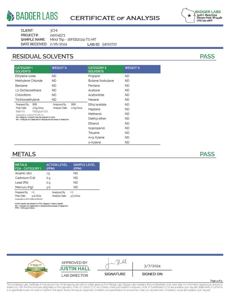 Lab Test Report - Page 4 for True Strains Mind Trip THC Vape - Contaminant Screening