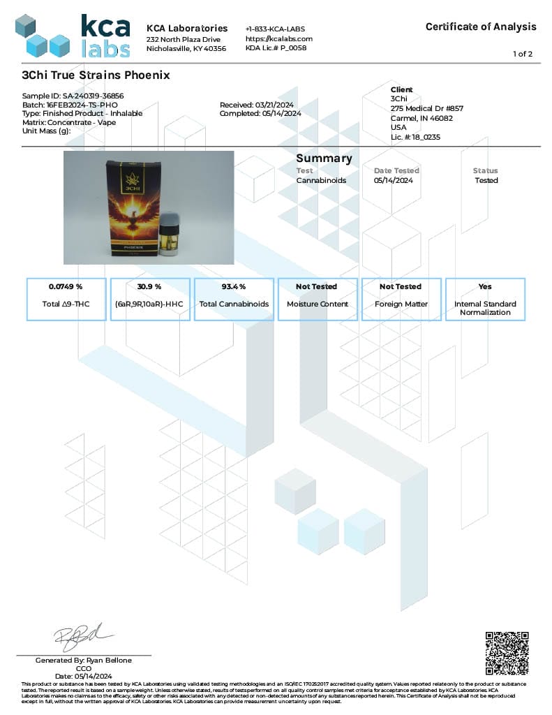Lab Test Report - Page 7 for True Strains Phoenix THC Vape - Final Results and Approval