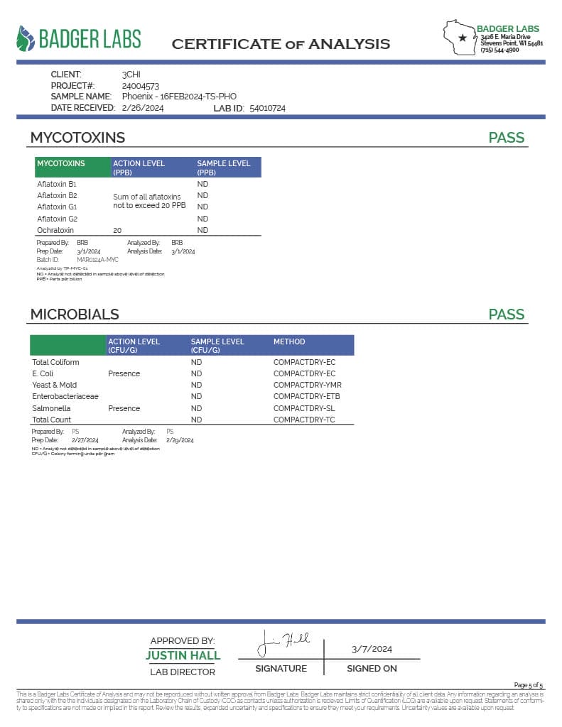 Lab Test Report - Page 6 for True Strains Phoenix THC Vape - Pesticide Analysis