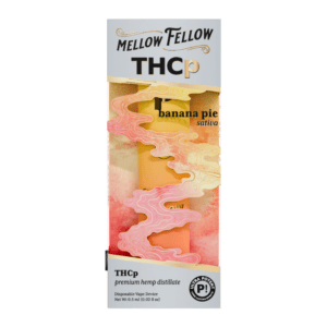 Front of Banana Pie THCP Vape package featuring sleek, modern design with rich banana and buttery pie-inspired artwork