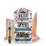 Front of Live Resin Ice Cream Cake THC Cartridge package with the cartridge displayed next to it, featuring sleek design and dessert-inspired artwork