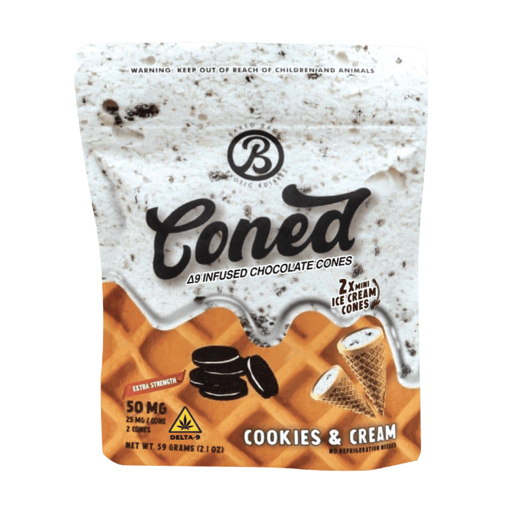 Front of 2ct Cookies & Cream THC Ice Cream Cones package featuring sleek, dessert-inspired design with rich chocolate and creamy vanilla tones