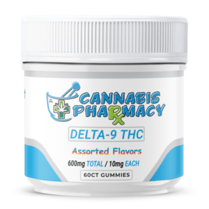 Front of Cannabis Pharmacy 60ct THC Gummies jar featuring clean, clinical-style packaging with bold THC labeling