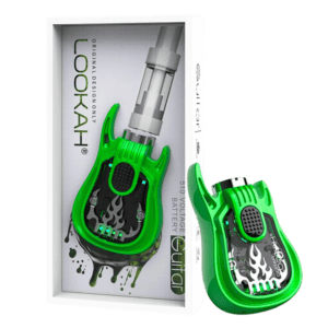 Front of LOOKAH Guitar 510 Thread Battery package featuring a bold, guitar-shaped design with eye-catching colors and modern branding