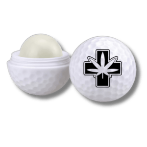 Front of Cannabis Pharmacy Golf Ball Lip Moisturizer featuring a spherical, golf ball-inspired container with Cannabis Pharmacy logo
