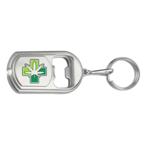 Front of Cannabis Pharmacy Bottle Opener Keychain featuring sleek metallic finish with engraved Cannabis Pharmacy logo