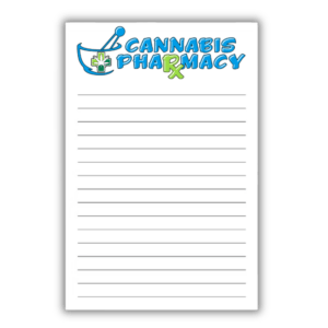 Front of Cannabis Pharmacy Notepad featuring clean, branded design with company logo and lined writing space