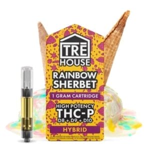 Front of Rainbow Sherbet THCP Cartridge package with the cartridge displayed next to it, featuring sleek design and vibrant, sherbet-inspired artwork
